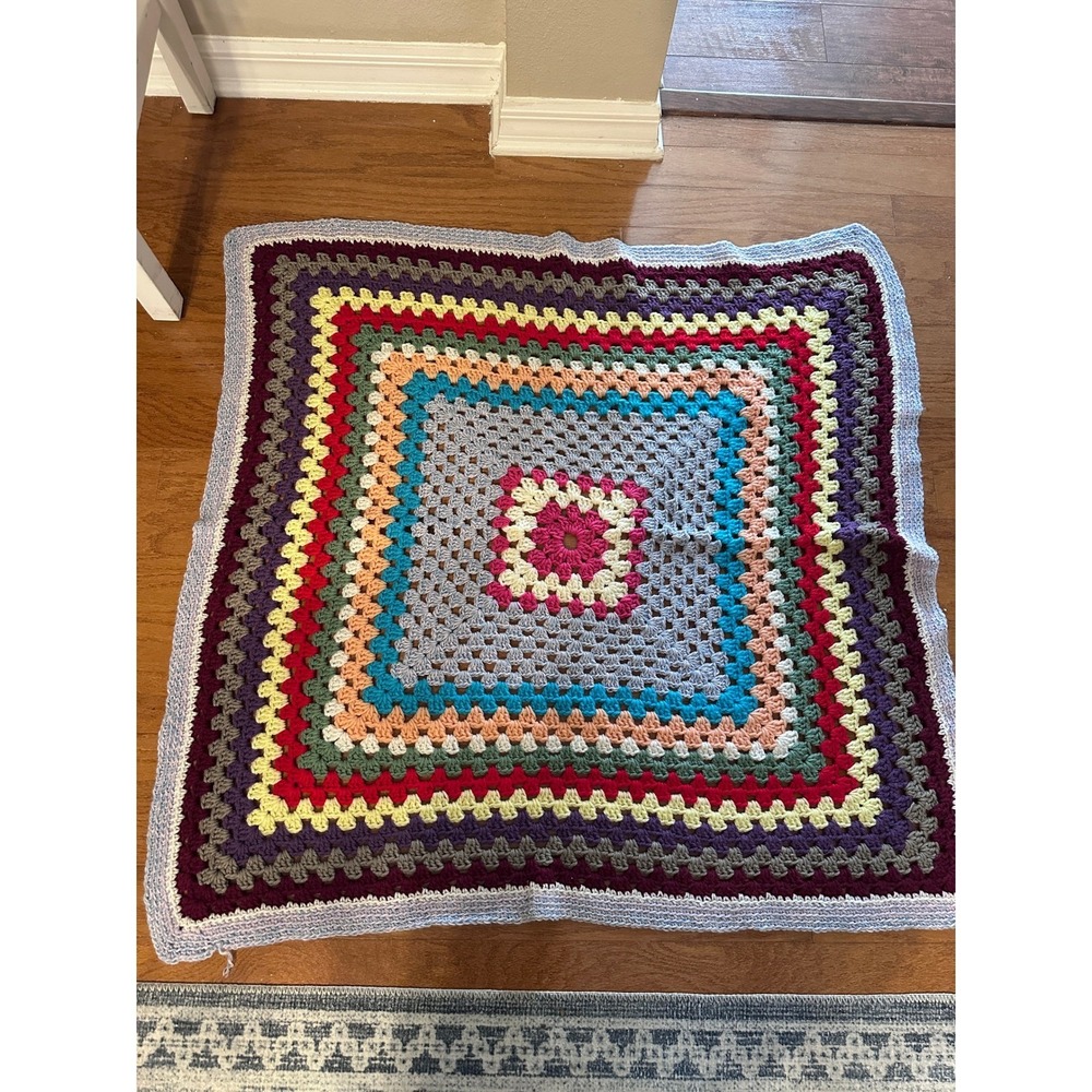 Handmade Crochet Granny Square‎ Blanket Multi Color Cozy Throw